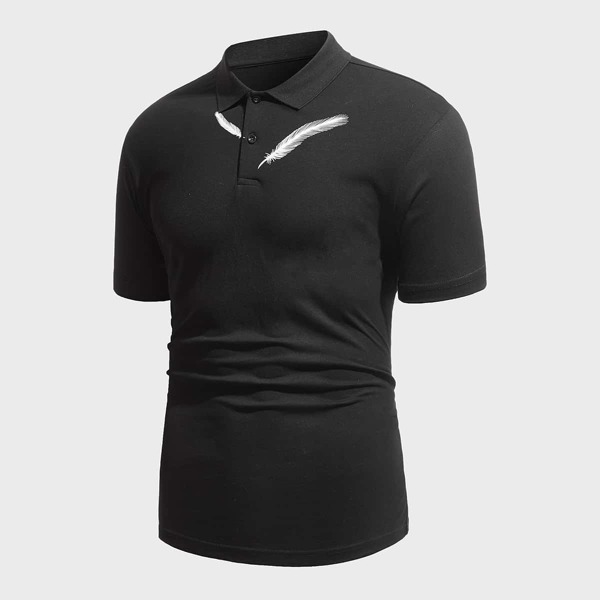 

Men Feather Print Polo Shirt, Black