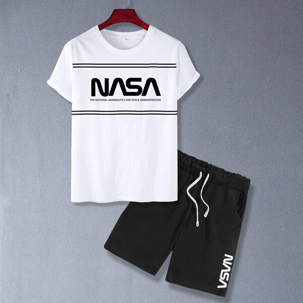 

Men Letter Graphic Tee & Drawstring Waist Shorts, Black and white