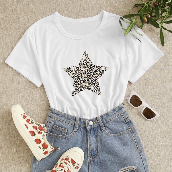 

Star And Cheetah Print Tee, White