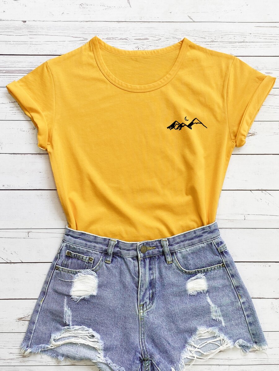 SHEIN Unity Camiseta con estampado de luna y montaña - Amarillo - Ver 1