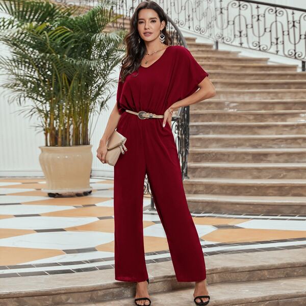 

Batwing Sleeve Chiffon Jumpsuit Without Belt, Burgundy