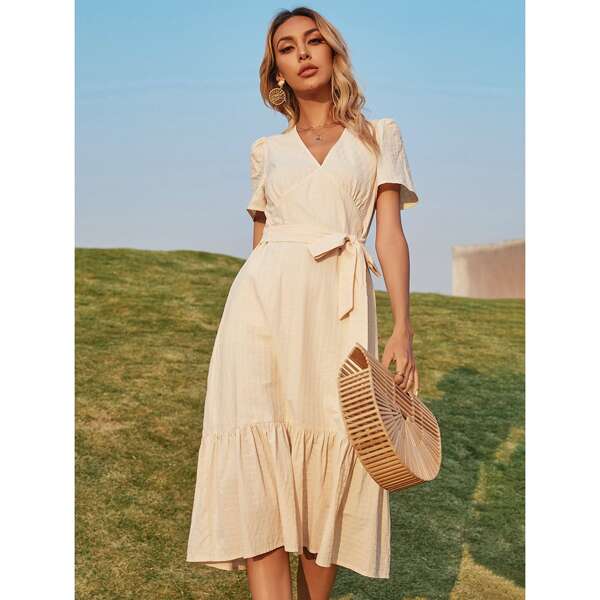 

V-neck Ruffle Hem Belted Dress, Beige