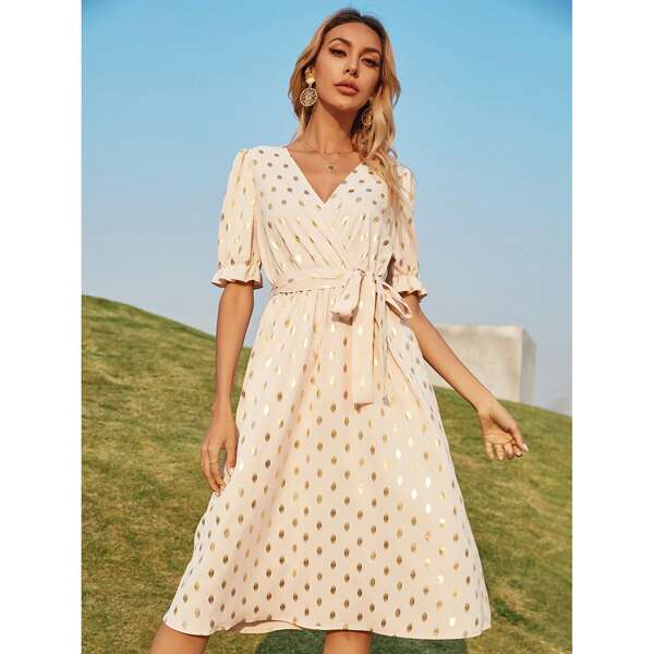 

Gilding Dot Print Flounce Sleeve Belted Dress, Apricot