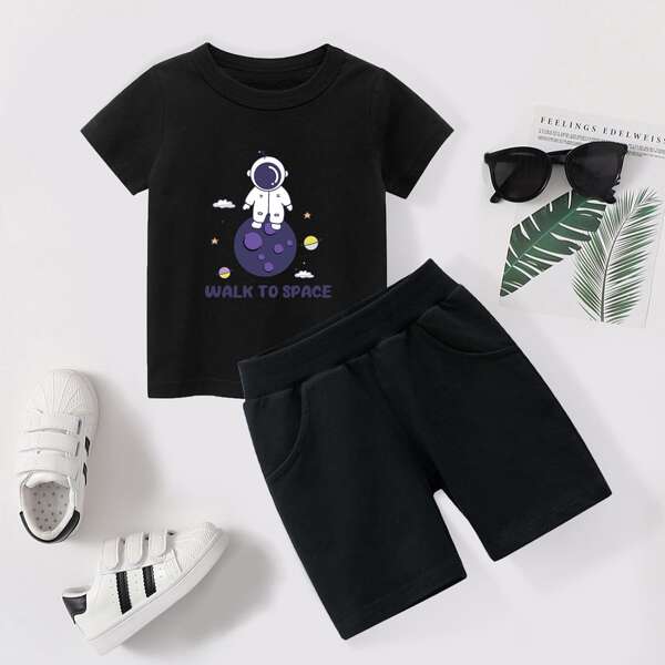 

Toddler Boys Cartoon Galaxy Graphic Tee With Shorts, Black
