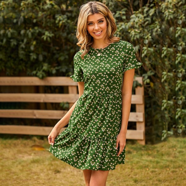 

Ditsy Floral Print Flounce Sleeve Ruffle Hem Dress, Green
