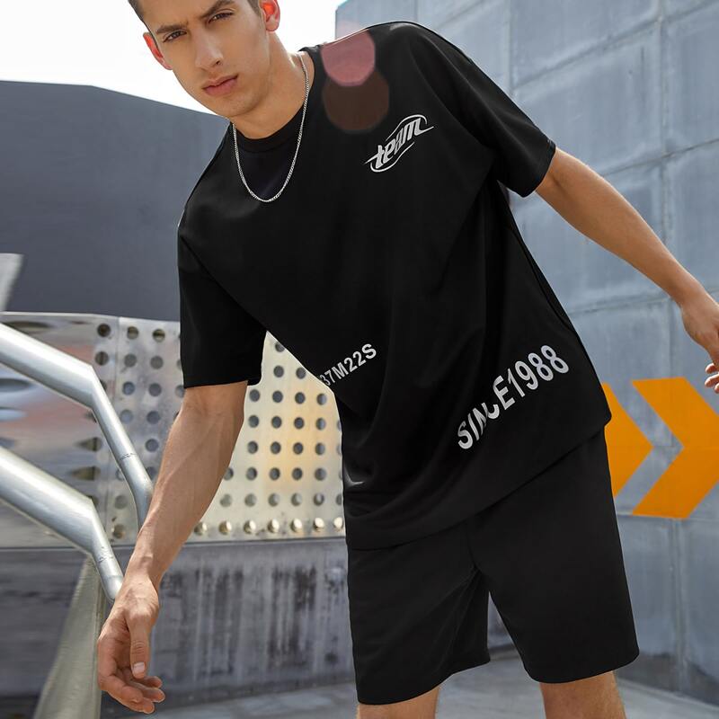 

Guys Letter Graphic Tee & Track Shorts Set, Black