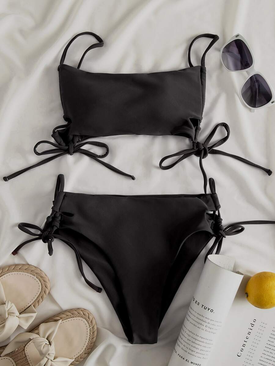 Tie Side Bandeau Bikini Set For Summer Beach Vacation - Black - View 1