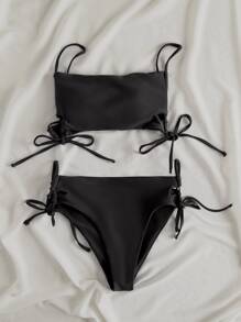 Tie Side Bandeau Bikini Set For Summer Beach Vacation - Black - View 3