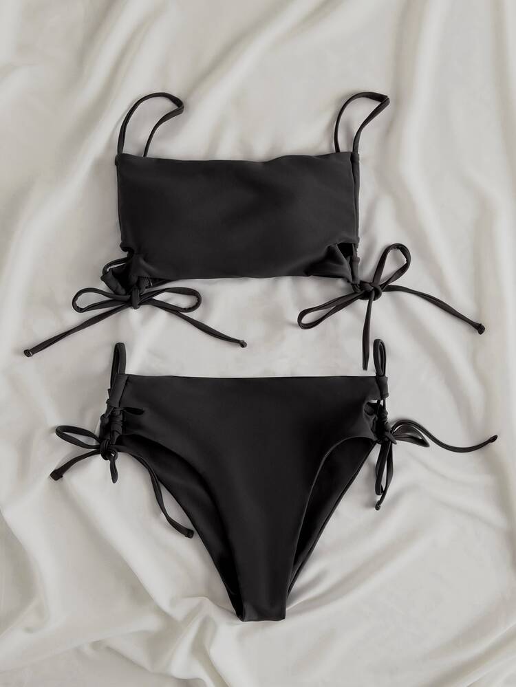 Tie Side Bandeau Bikini Set For Summer Beach Vacation - Black - View 3