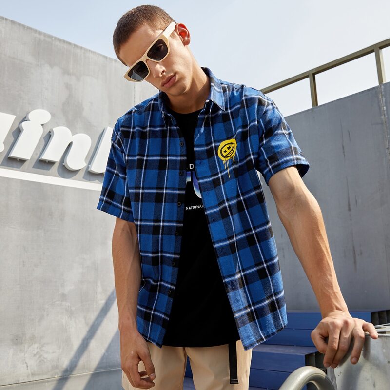 

Guys Graphic Print Plaid Shirt, Multicolor
