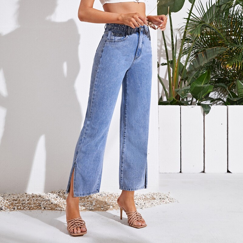 

High Waist Split Hem Wide Leg Jeans, Medium wash