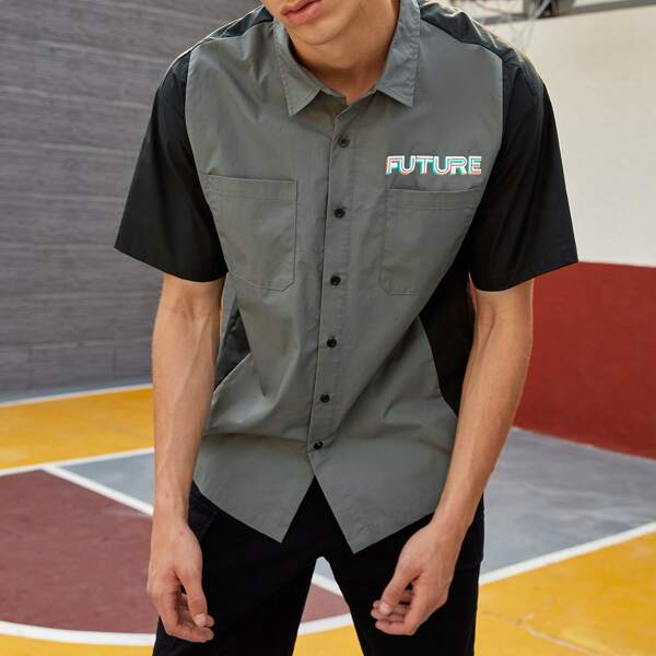

Men Letter Graphic Colorblock Shirt, Multicolor