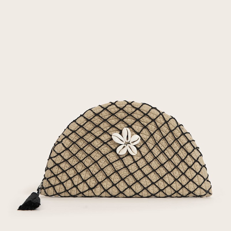 

Shell & Tassel Decor Clutch Bag, Khaki