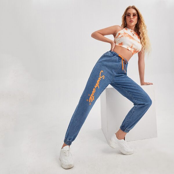 

Letter & Star Print Drawstring Jeans, Medium wash