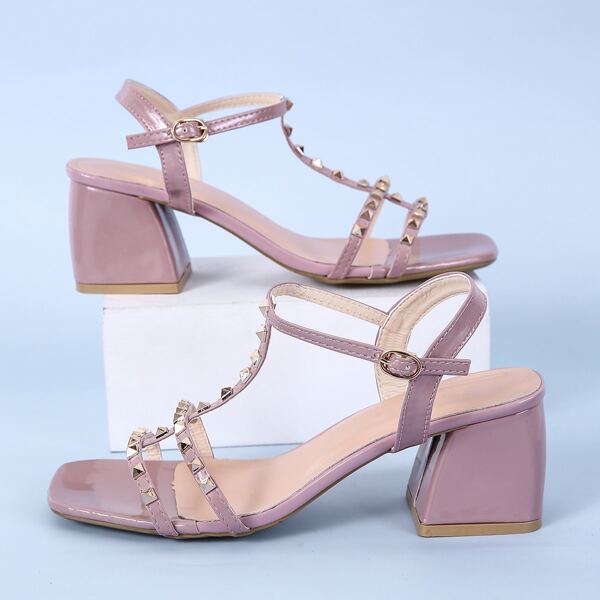 

Studded Decor Ankle Strap Chunky Heeled Sandals, Purple