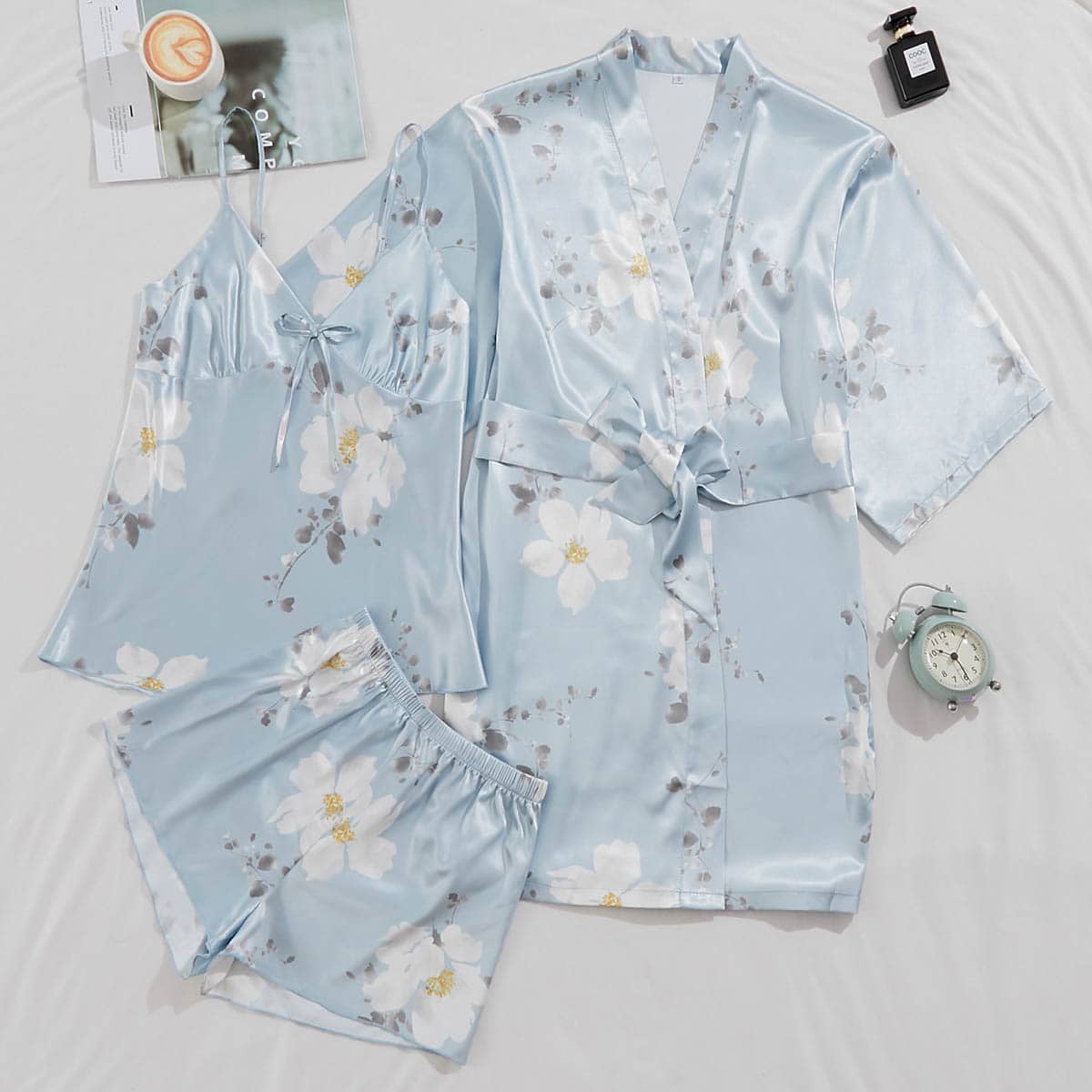 

3pcs Satin Floral Knot Night Set, Baby blue