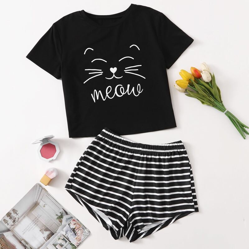 

Cartoon & Stripe Print Pajama Set, Black