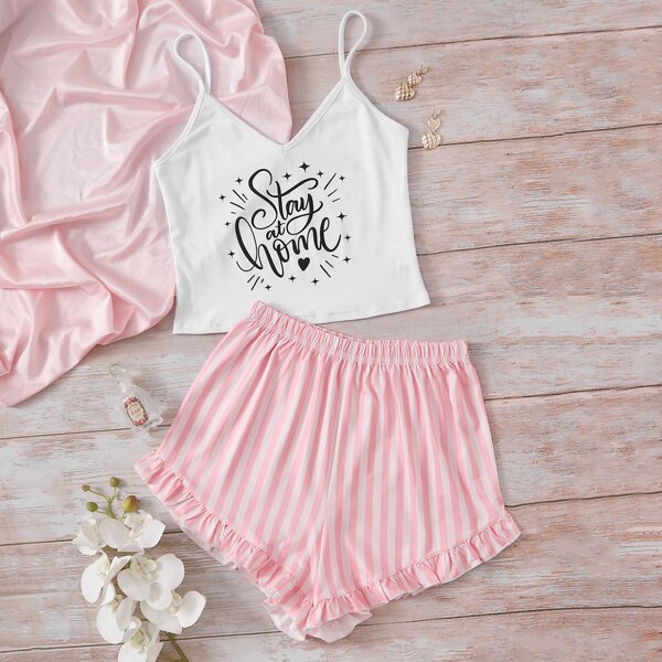 

Letter Graphic Cami Top & Striped Shorts PJ Set, Multicolor