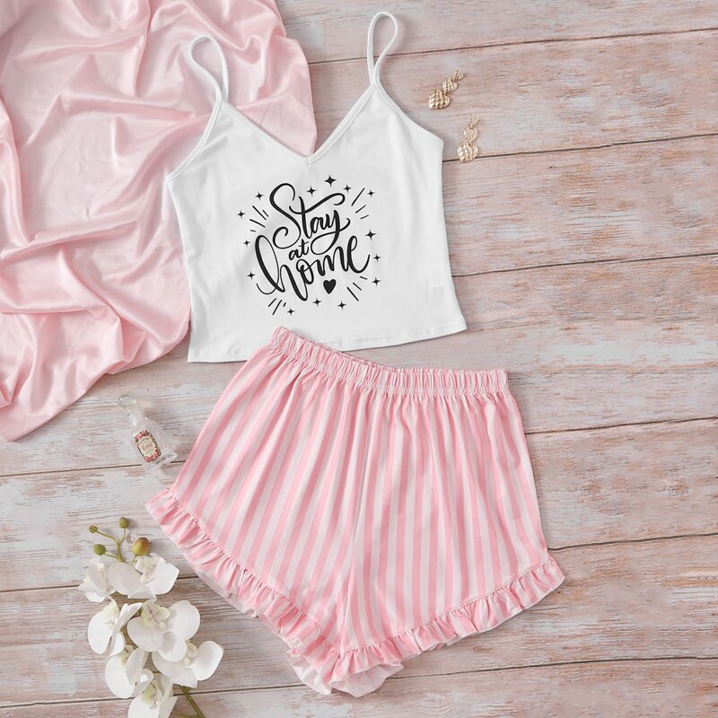 

Letter Graphic Cami Top & Striped Shorts PJ Set, Multicolor