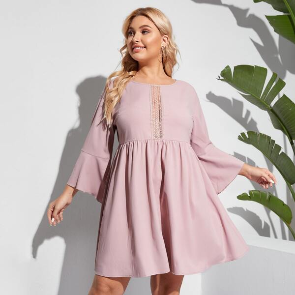

Plus Lace Insert Flounce Sleeve Smock Dress, Baby pink