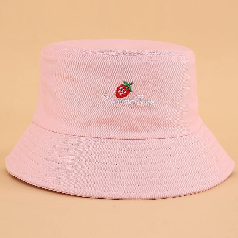 

Strawberry Embroidery Bucket Hat, Baby pink