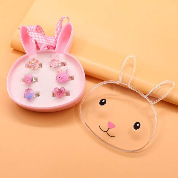 

6pcs Toddler Girls Rabbit & Heart Decor Ring, Multicolor