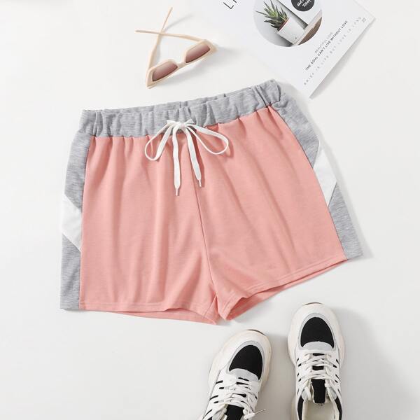 

Plus Contrast Panel Drawstring Shorts, Coral pink