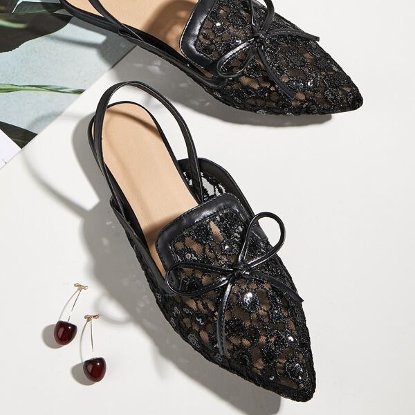 

Bow Decor Embroidered Mesh Slingback Flats, Black