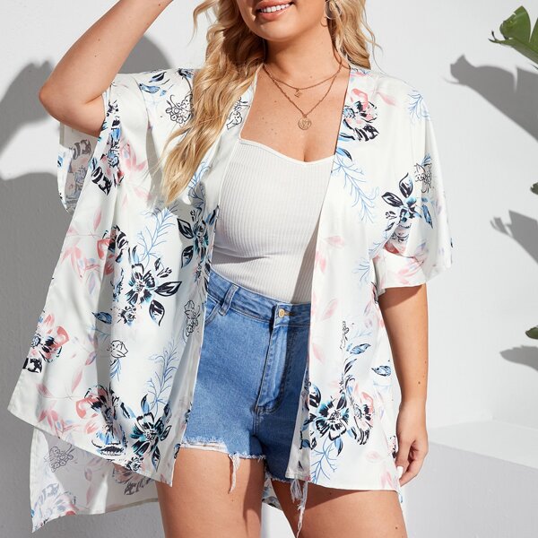 

Plus Floral High Low Kimono, White