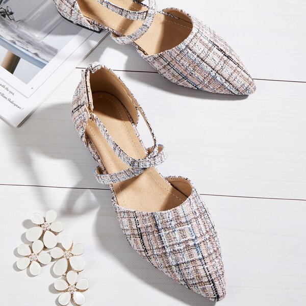 

Cross Strap Tweed Flats, Pink