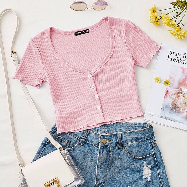 

Button Front Lettuce Trim Top, Baby pink