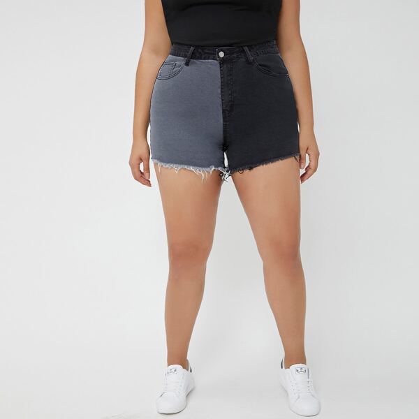 

Plus Color Block Raw Hem Denim Shorts, Multicolor