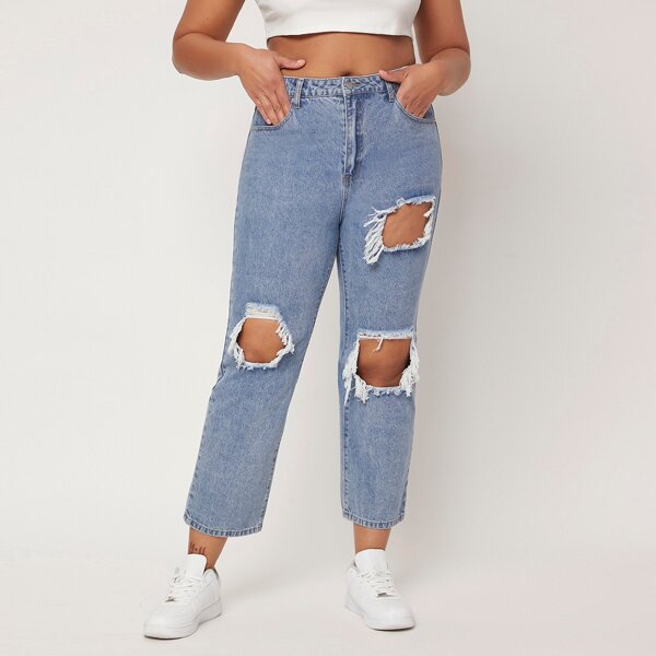 

Plus Ripped Straight Leg Jeans, Light wash