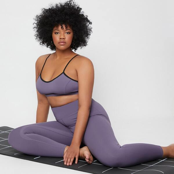 

Plus Contrast Binding Sports Bra & Leggings, Dusty purple