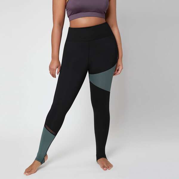 

Plus Contrast Panel Stirrup Sports Leggings, Black