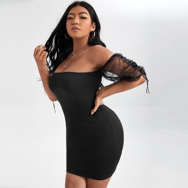 

Plus Lace Up Backless Mesh Sleeve Bodycon Dress, Black