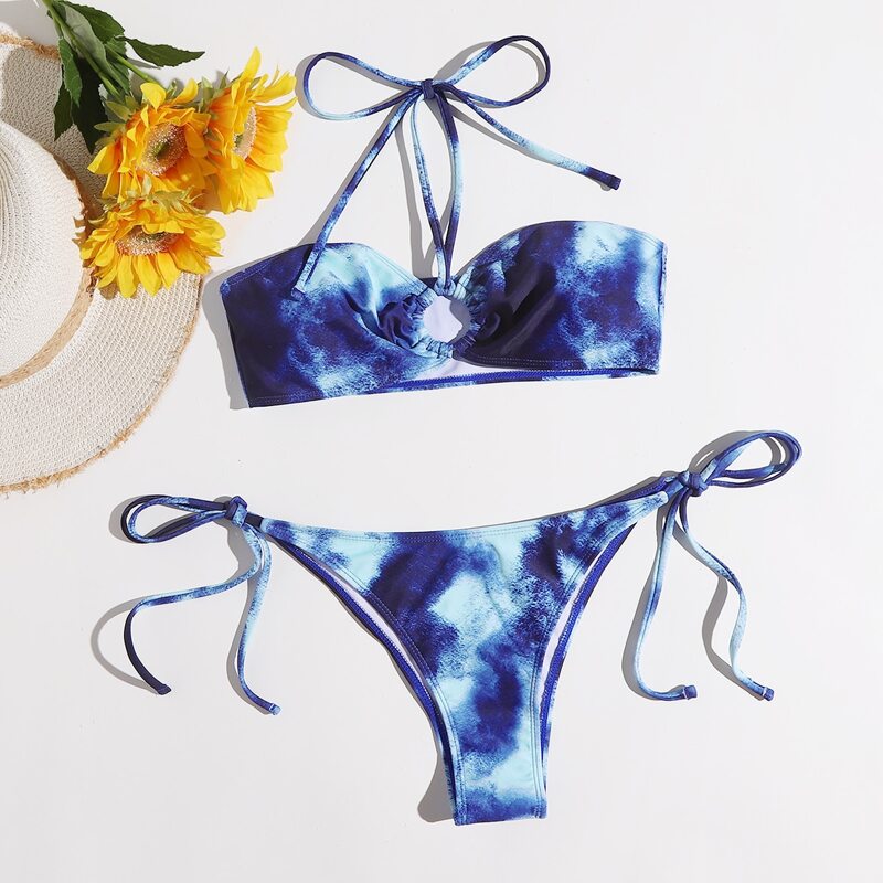 

Tie Dye Cut Out Halter Tie Side Bikini Swimsuit, Multicolor