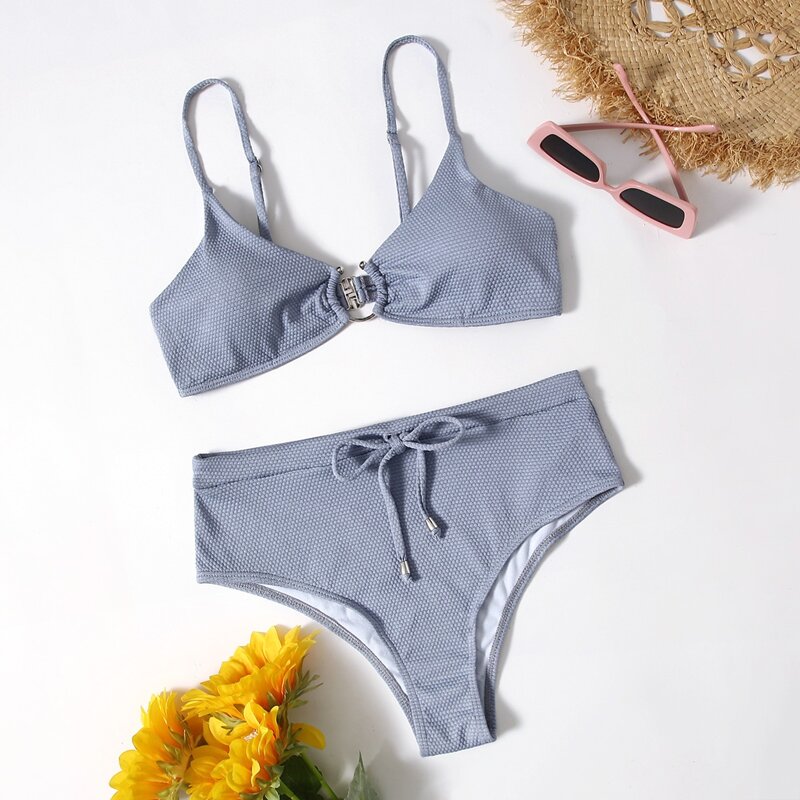 

Solid Ring Decor Bow Bikini Swimsuit, Grey