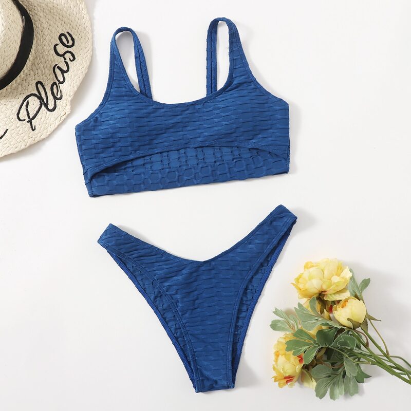 

Solid Cut Out High Cut Bikini Swimsuit, Navy blue