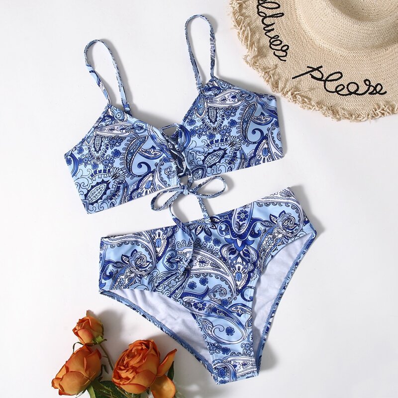 

Paisley Lace Up Bikini Swimsuit, Multicolor