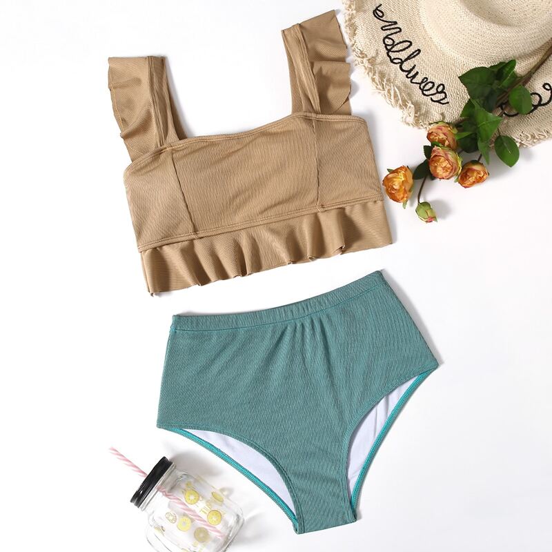 

Ruffle Hem High Waist Bikini Swimsuit, Multicolor