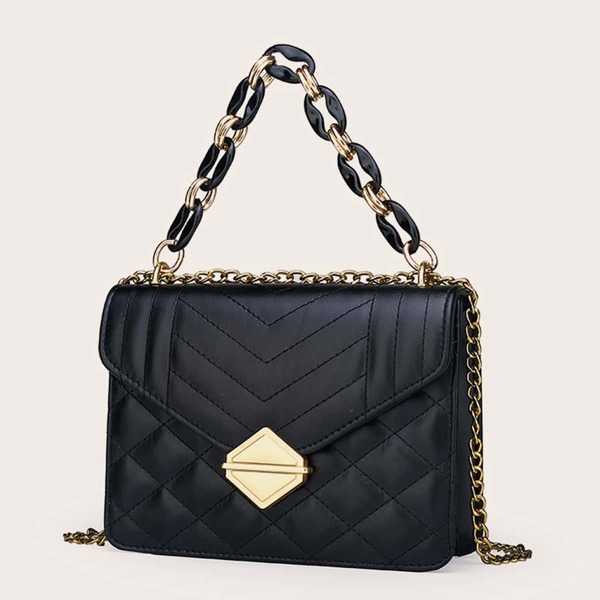 

Metal Lock Quilted Satchel Bag, Black
