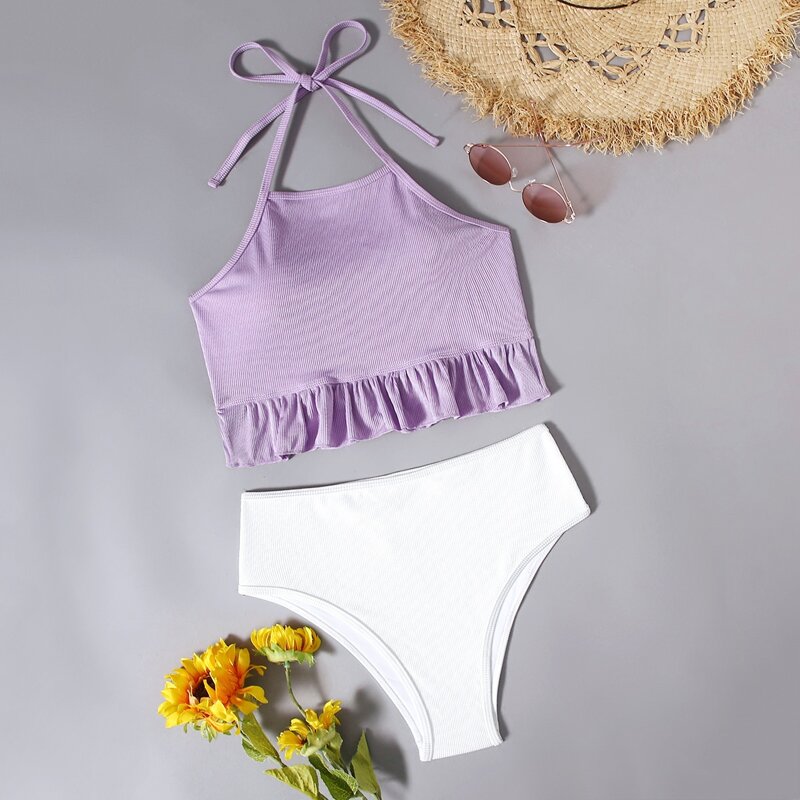 

Ruffle Hem Halter Bikini Swimsuit, Multicolor