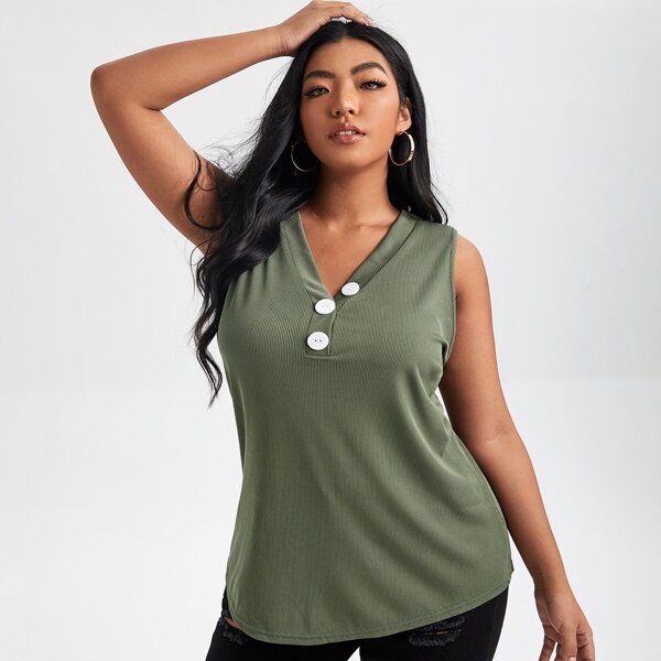 

Plus Button Front Tank Top, Army green