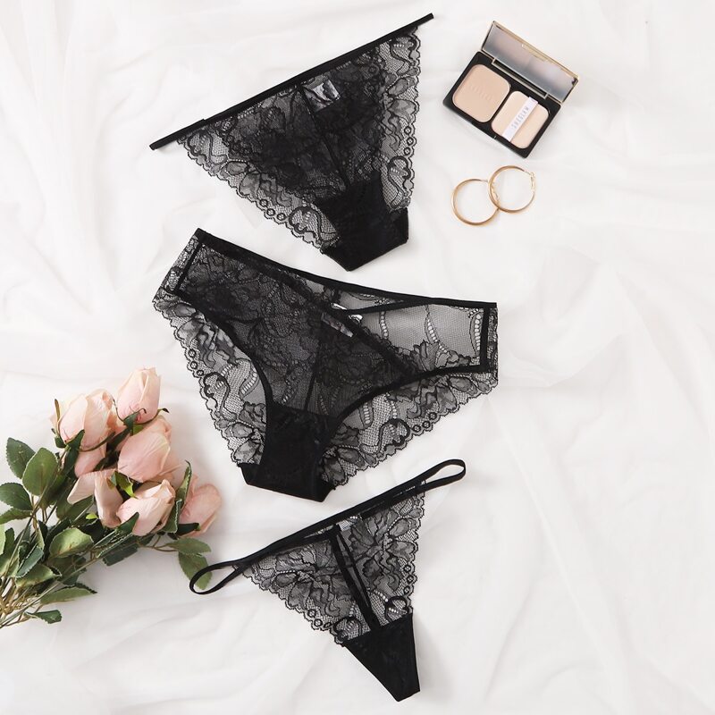 

3pack Cut Out Floral Lace Panty Set, Black