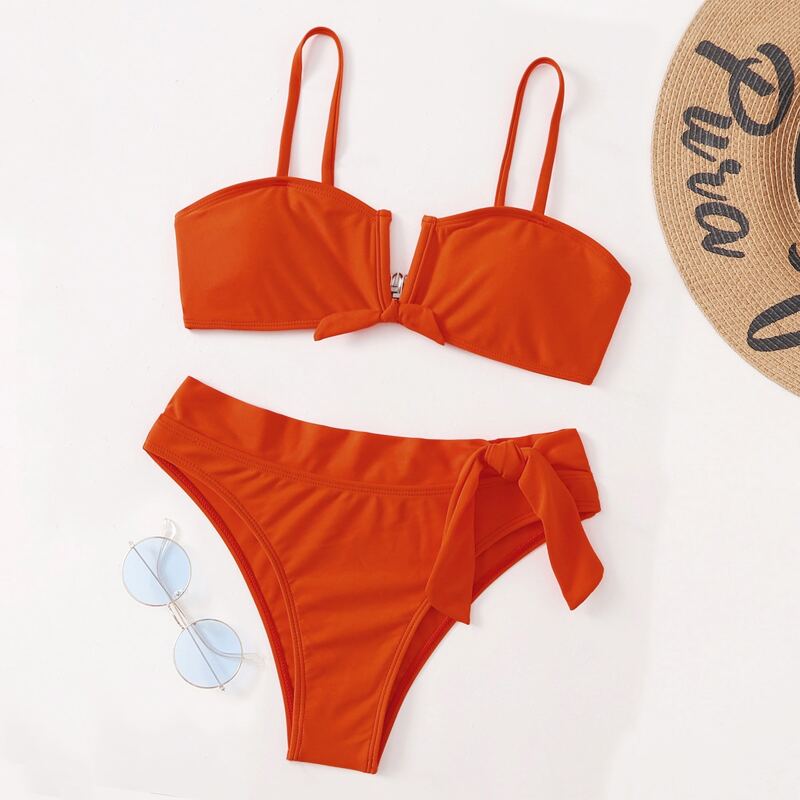 

Solid V Wired Bow Bikini Swimsuit, Orange