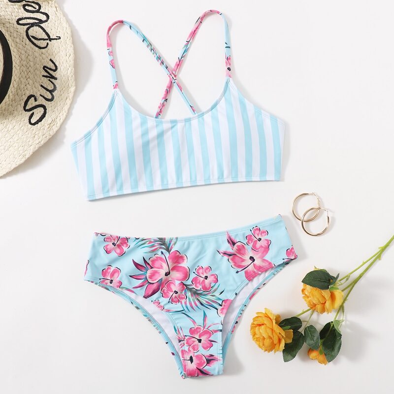 

Striped Flower Graphic Bikini Swimsuit, Multicolor