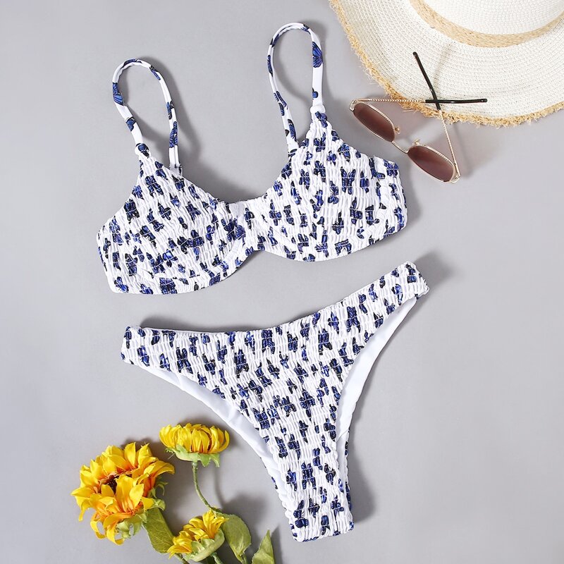 

Butterfly Graphic Shirred Bikini Swimsuit, Multicolor