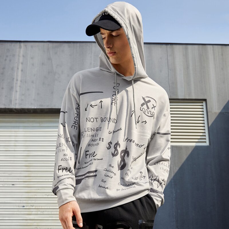 

Guys Drop Shoulder Letter Graphic Hoodie, Light grey