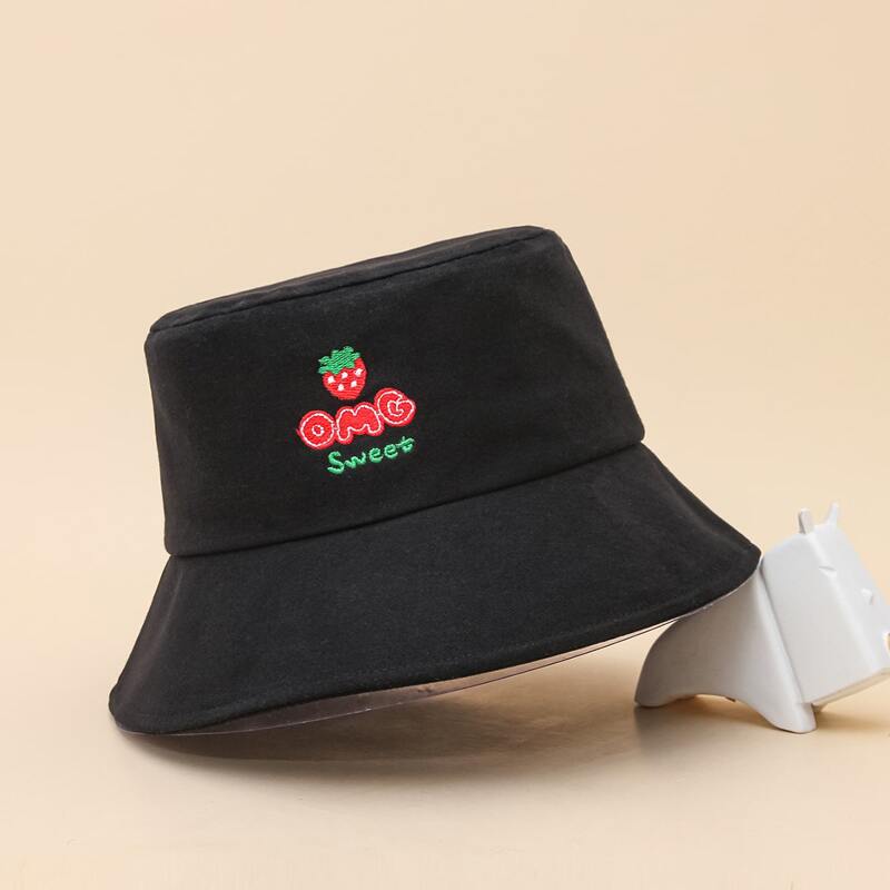 

Strawberry Embroidery Bucket Hat, Black